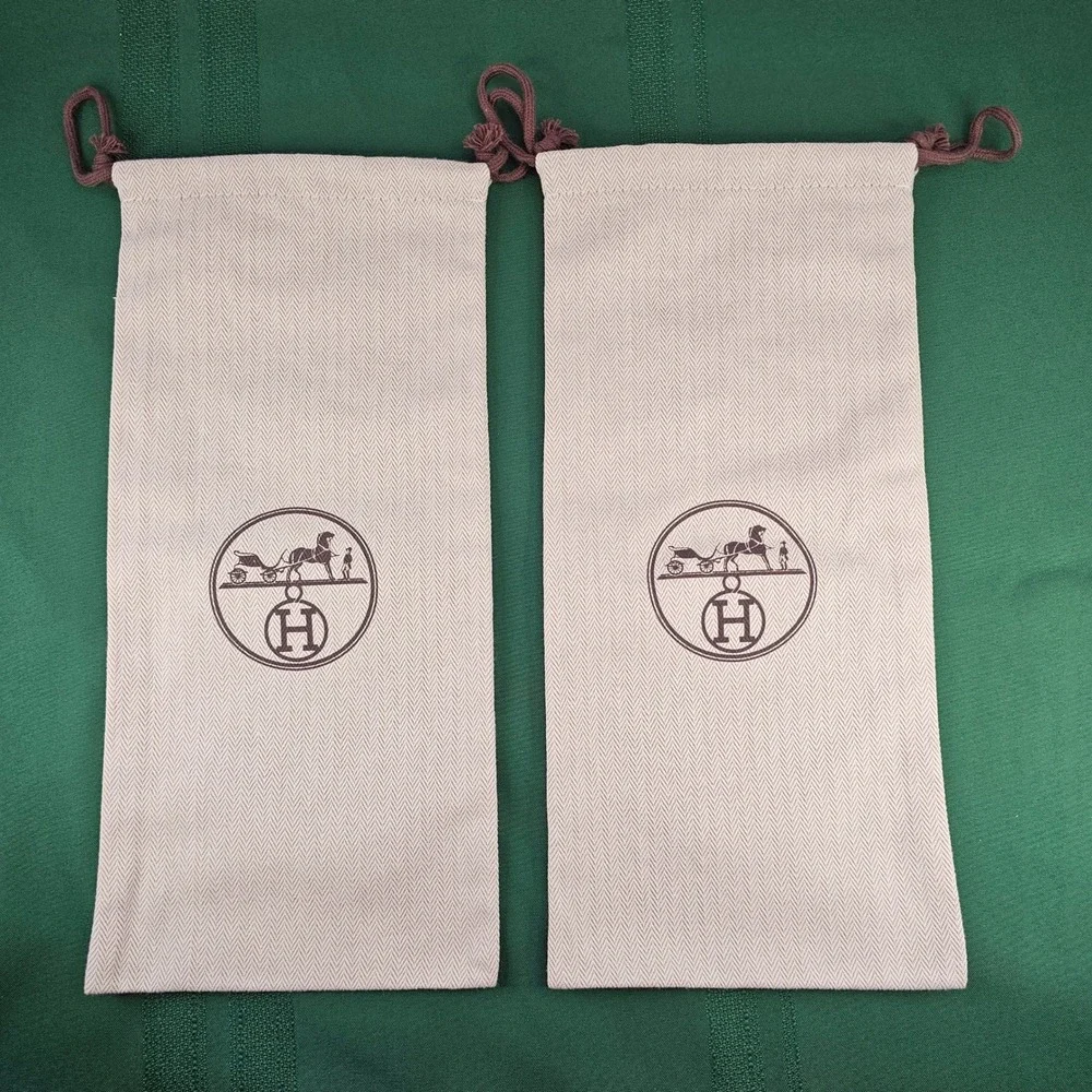 2‎ Hermès Dust Bags Pouches Beige Paris Herringbone Drawstring Storage 14x6.5